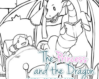 Digital Coloring Page - The Princess and the Dragon Colouring book printable for kids and adults who are still cool
