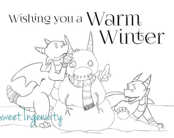 Digital Coloring Card - Warm Winter dragon christmas or holiday greeting cards printable