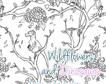 Digital Coloring Page - Wildflowers and Dinosaurs book printable for kids and adults who are still cool