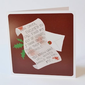 Inusual tarjeta de vacaciones, carta a Santa diseño, espeluznante lindo humor oscuro nerd festivo tarjeta de felicitación sangre rojo geeky tarjeta de Navidad