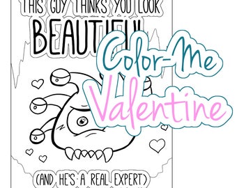 Color-Me Printable Eye of the Beholder Valentine digital dungeons and dragons colouring cards for kids and adults who are still cool
