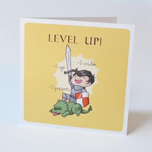 Geeky Birthday Card, Level Up design, sweet nerdy fantasy knight tabletop rpg birth day or anniversary card
