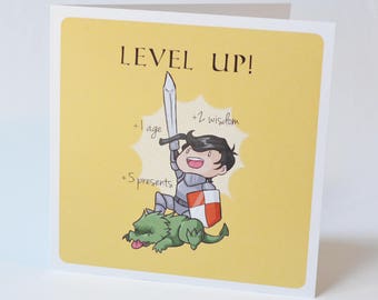 Geeky Birthday Card, Level Up design, sweet nerdy fantasy knight tabletop rpg birth day or anniversary card