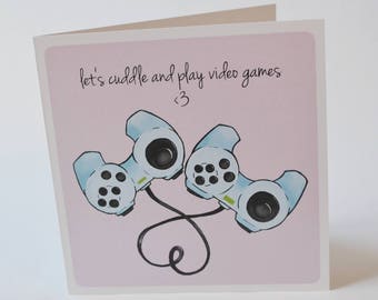 Geeky Romance Card, Let's Cuddle Design, sweet nerdy valentine videogames video game controller cards