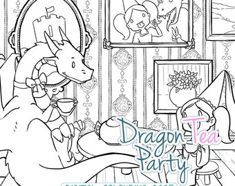 Digital Coloring Page - Dragon Tea Party Colouring book printable for kids and adults who are still cool