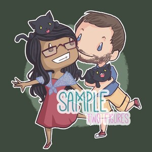 May include: Illustration of a couple with two black cats. The woman wears a red dress and glasses, with a cat on her head. The man holds a cat and wears a blue shirt and khaki shorts. The image has the text "SAMPLE TWO FIGURES".