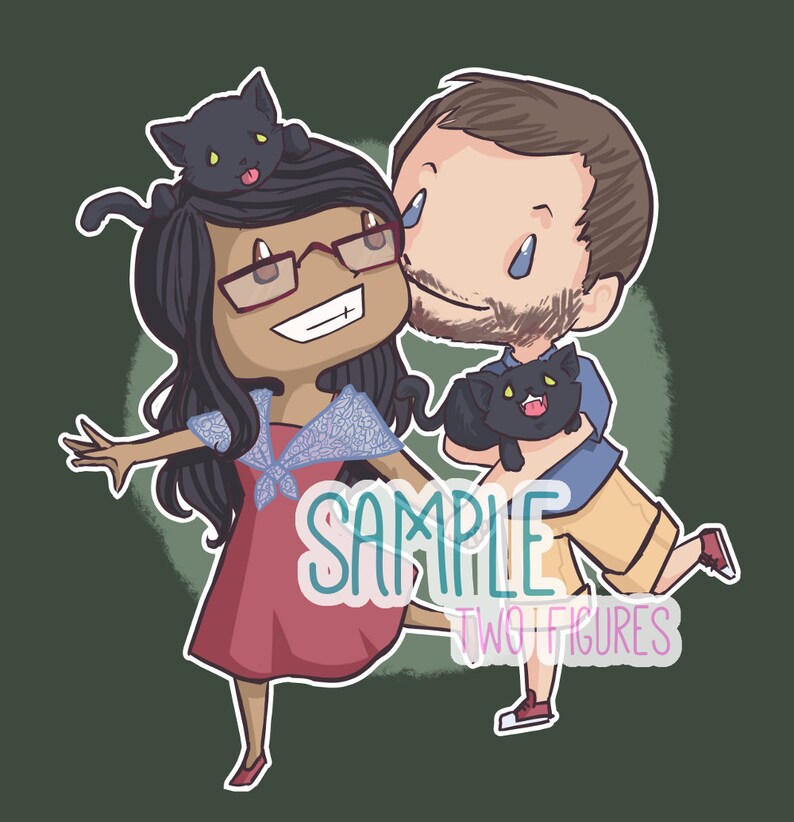 May include: Illustration of a couple with two black cats. The woman wears a red dress and glasses, with a cat on her head. The man holds a cat and wears a blue shirt and khaki shorts. The image has the text "SAMPLE TWO FIGURES".