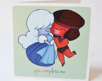 Geeky Romance Card, You Complete Me Steven Universe inspired design, valentine romantic cute lesbian lgbt+ gift