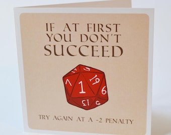 Geeky Inspirational Card, D20 Try Again Design, sweet nerdy motivational tabletop rpg gaming d&d cards