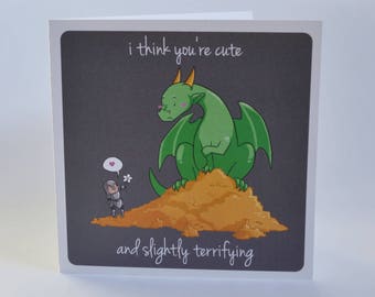 Geeky Romance Card, Slightly Terrifying design, sweet nerdy love dragon and knight romance greeting card