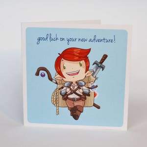 Cartão de novo emprego ou viagem geek, novo design de aventura, RPG de mesa de aventureiro de fantasia nerd fofo indo em uma viagem ou cartão de volta às aulas