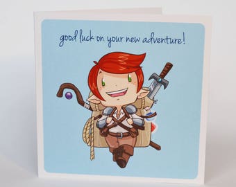 Geeky New Job or Travel Card, New Adventure design, cute nerdy fantasy adventurer tabletop rpg going on a trip or back to school card