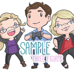 May include: Illustration of three cartoon figures. The figures are wearing glasses and business attire. The text "SAMPLE THREE FIGURES" is in the image. The figures are in a cartoon style with exaggerated features.