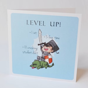 Geeky Graduierung Karte, Level Up Grad Design, süße nerdige Fantasy Ritter Tabletop RPG Abschlusskarte