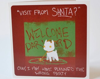 Unusual Holiday Card, Not Quite Santa design, creepy cute dark humor nerdy festive greeting card blood red geeky christmas card