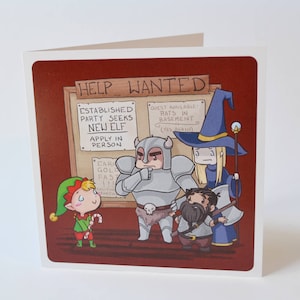 Geeky Holiday Card, Elf Wanted design, cute and nerdy dungeons and dragons medieval fantasy style christmas card image 1