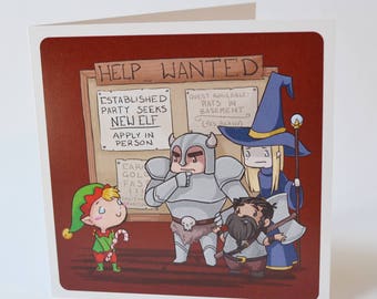 Geeky Holiday Card, Elf Wanted design, cute and nerdy dungeons and dragons medieval fantasy style christmas card
