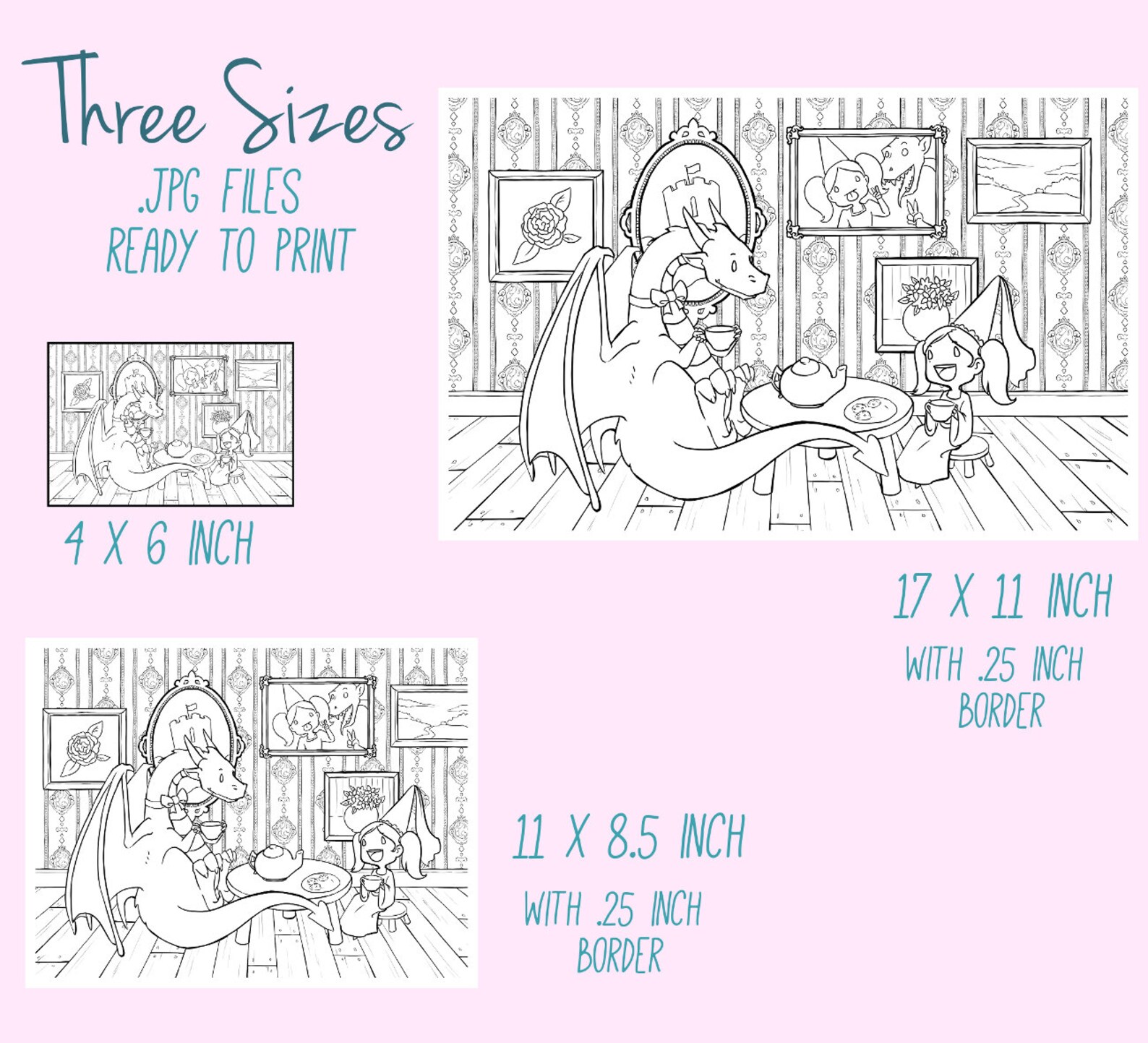 Digital Coloring Page Dragon Tea Party Colouring Book Etsy