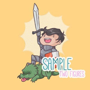 May include: Cartoon illustration of a knight with a raised sword, riding a green beast. The knight wears silver armor and holds a red and white shield. The image includes the text "SAMPLE TWO FIGURES" on a yellow background.