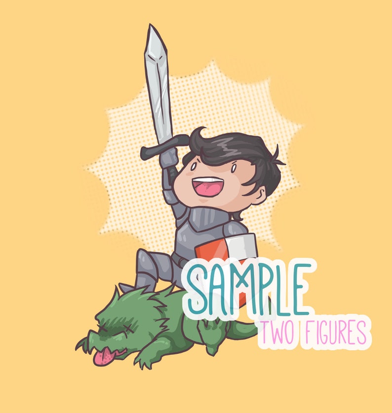 May include: Cartoon illustration of a knight with a raised sword, riding a green beast. The knight wears silver armor and holds a red and white shield. The image includes the text "SAMPLE TWO FIGURES" on a yellow background.