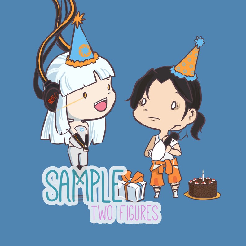 May include: Illustration of two cartoon figures wearing party hats, one with headphones. A gift box with an orange bow and a chocolate cake with a lit candle are also present. The text "SAMPLE TWO FIGURES" is displayed.