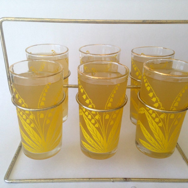 Mid-Century Modern Iced Tea or Lemonade Glasses with Gold Gilt Trim and Caddy Carrier