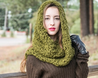 Green Infinity Scarf, Hooded Infinity, Chunky Knit Scarf, THE WEEKENDER INFINITY shown in Cilantro