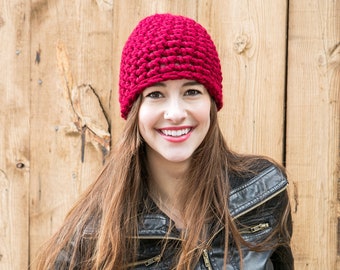 Fitted Beanie Hat, Red Beanie, Wool Knit Hat, THE BOHO BEANIE shown in Cranberry