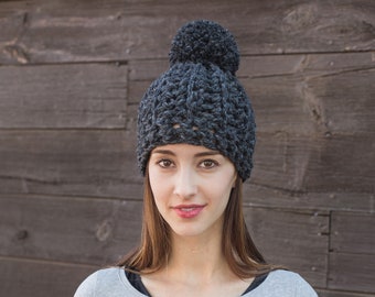 Pom Pom Hat, Adult Pom Hats, Holiday Gifts, Chunky Knit Hat, THE CLASSIC POM shown in Charcoal