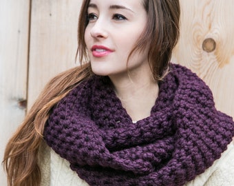 Purple Infinity Scarf, Chunky Knit Scarf, Knit Cowl Scarf, Wool Loop Scarf, THE UPTOWN INFINITY shown in Eggplant