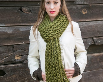 Green Knit Scarf, Long Wool Scarf, Fall Accessories, Chunky Knit Scarves, THE CLASSIC shown in Cilantro