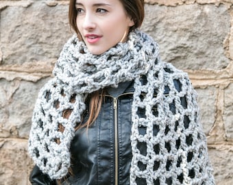 Chunky Knit Scarf, Grey Wool Scarf, Boho Style,  Modern Wool Scarf,  THE CHECKERBOARD shown in Pebble