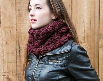 Knit Cowl Scarf, Chunky Wool Cowl, Holiday Gifts, THE WEEKENDER COWL shown in Red Wine