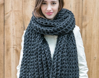 Handmade Oversized Scarf, Wool Blanket Scarf, Chunky Knit Scarves, THE ROYAL CLASSIC shown in Charcoal