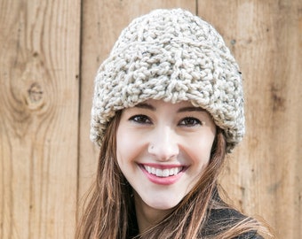 Cuffed Hat, Knit Wool Hat, Slouchy Beanie, THE CLASSIC CUFF shown in Oatmeal