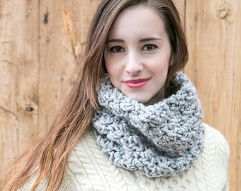 Chunky Grey Cowl, Wool Circle Scarf, Knit Cowls, THE WEEKENDER COWL shown in Pebble