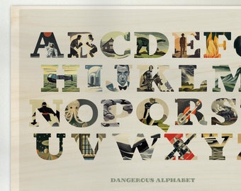 WOOD PRINT - Dangerous A-Z Print for adventurous children's bedrooms