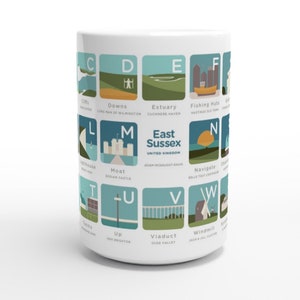 Visual A-Z of Iconic East Sussex Ceramic Mug | Illustrated Sussex Landmarks Cup | Unique Gift for Sussex Lovers