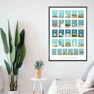 East Sussex A - Z Digitaler Download | Illustrierte Landkarte Poster | Lokale Wahrzeichen & Orte | Druckbare Wandkunst | Sussex Geschenk | UK Grafschaften Dekor