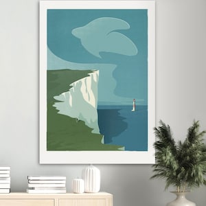 Descarga digital de Beachy Head y faro / Arte de la costa de Sussex / Paisaje minimalista del Reino Unido / Decoración imprimible de acantilados / Idea de regalo costero