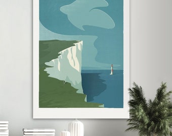 Beachy Head & Lighthouse Digital Download | Sussex Coastline Art | Minimalist UK Landscape | Printable Clifftop Decor | Coastal Gift Idea
