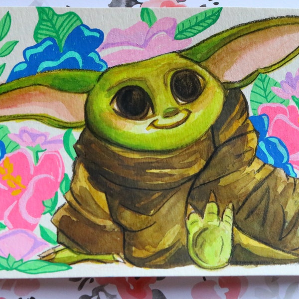 A Child of Flowers - Original Baby Yoda Watercolor