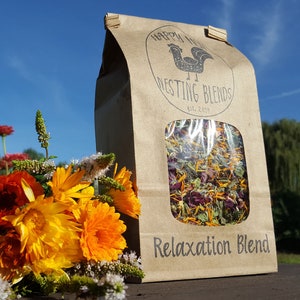 Happy Hen Nesting Blends  &quot;Relaxation Blend&quot; - Herbs for chickens, Backyard Chickens, Herbs & Flowers for Chickens, Chicken owner gift, 3 oz
