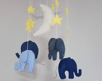 Blue & Grey Felt Elephant Mobile - baby mobile, crib mobile, elephant mobile, handsewn felt mobile, elephant baby decor, handmade baby gift
