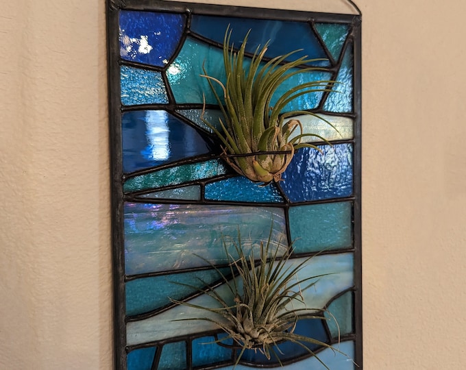 Stained Glass Double Air Plant Holder Blue Stained Glass Sun Catcher, Unique House Decor