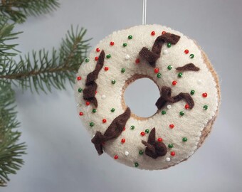 Christmas Donut Ornament - Hand sewn with felt and beads, stuffed with poly fiber fill, Christmas ornament