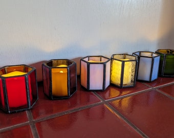 Stained Glass Tea Light Candle Holder - includes battery operated flameless candle