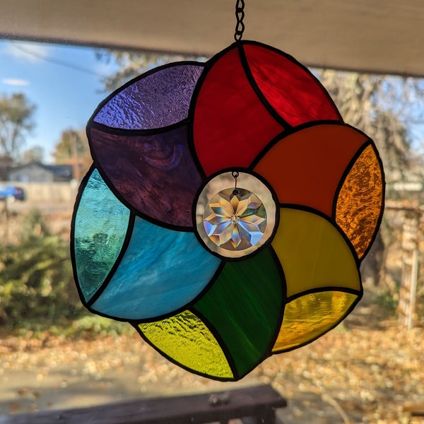 Stained Glass Suncatcher with Prism - Rainbow stained glass window decor, prism stained glass, happy gift, house warming gift, rainbow decor