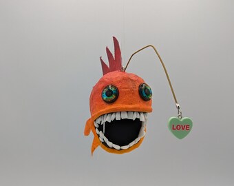 Orange Ombre Valentine's Angler Fish Ornament - Paper Mache Angler Fish, weird, teeth, handmade, unique, funky, bizarre, one-of-a-kind