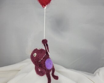 Purple Needlefelt Monster Hanging from a Red Balloon - Monster ornament, cute monster, monster needlefelt